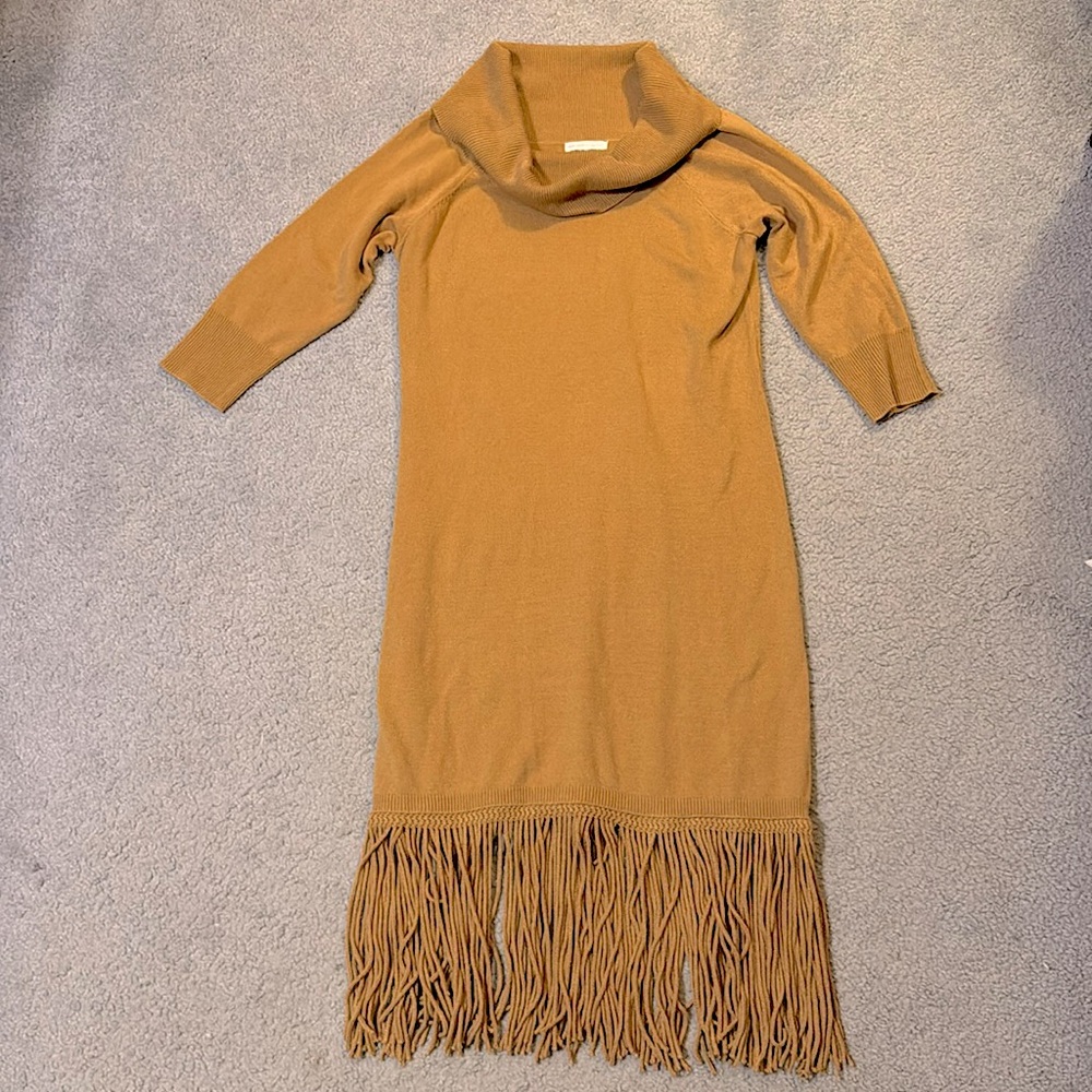 Tan Brown Cowl neck Fringe Sweater Dress